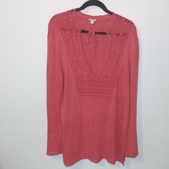 J. Jill Coral Tunic Sweater Crochet Oversized Linen-Cotton Blend Women's Size L - Picture 1 of 6